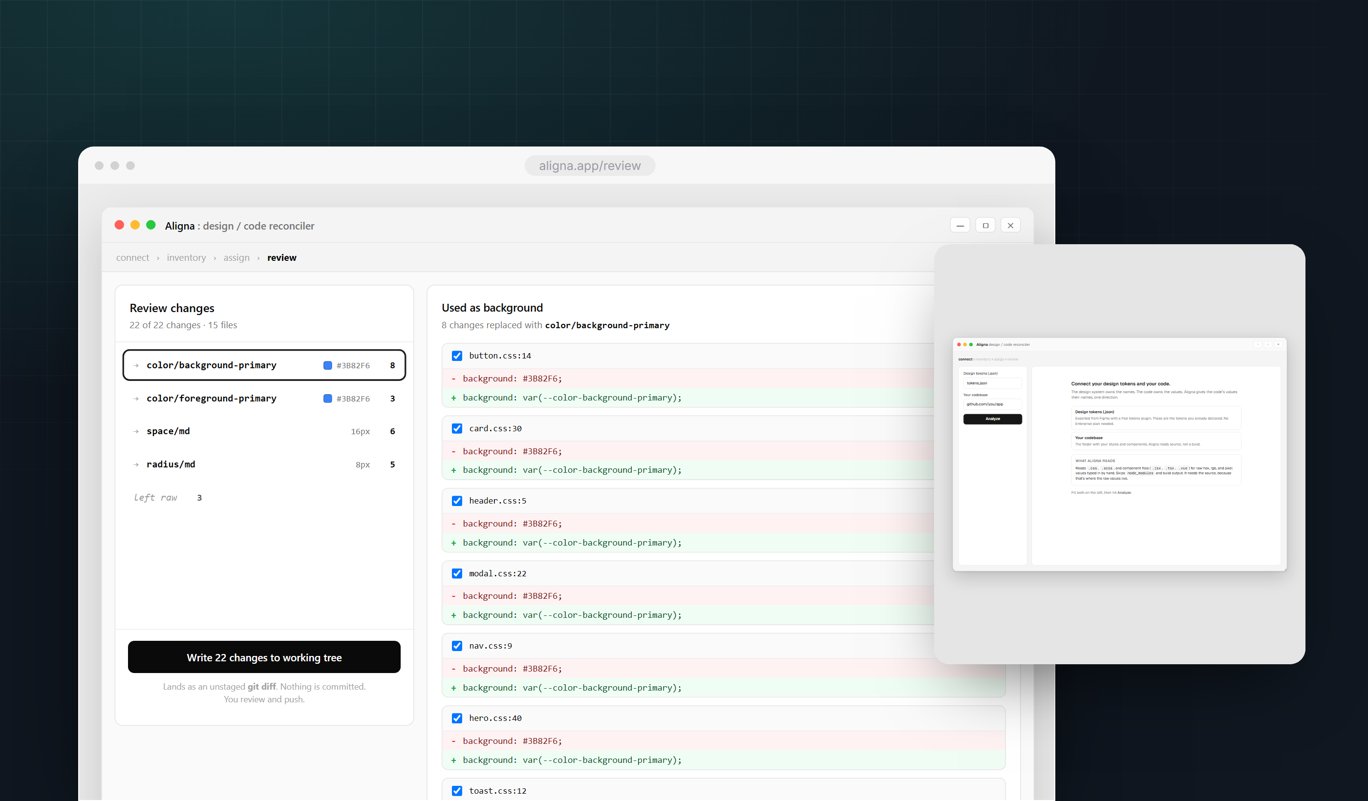 Aligna: the review screen and the intake screen, composed