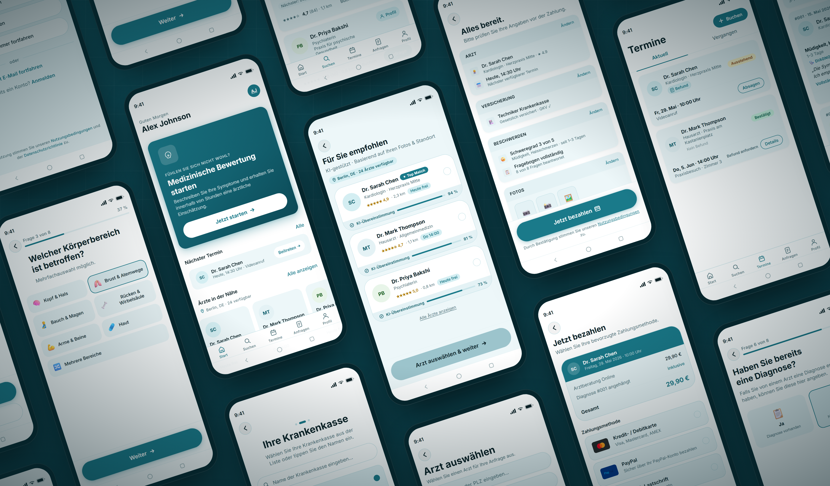 Twenty-one CuraCare screens: onboarding, the symptom questionnaire, insurance, doctor matching, booking, payment, and the five-tab app