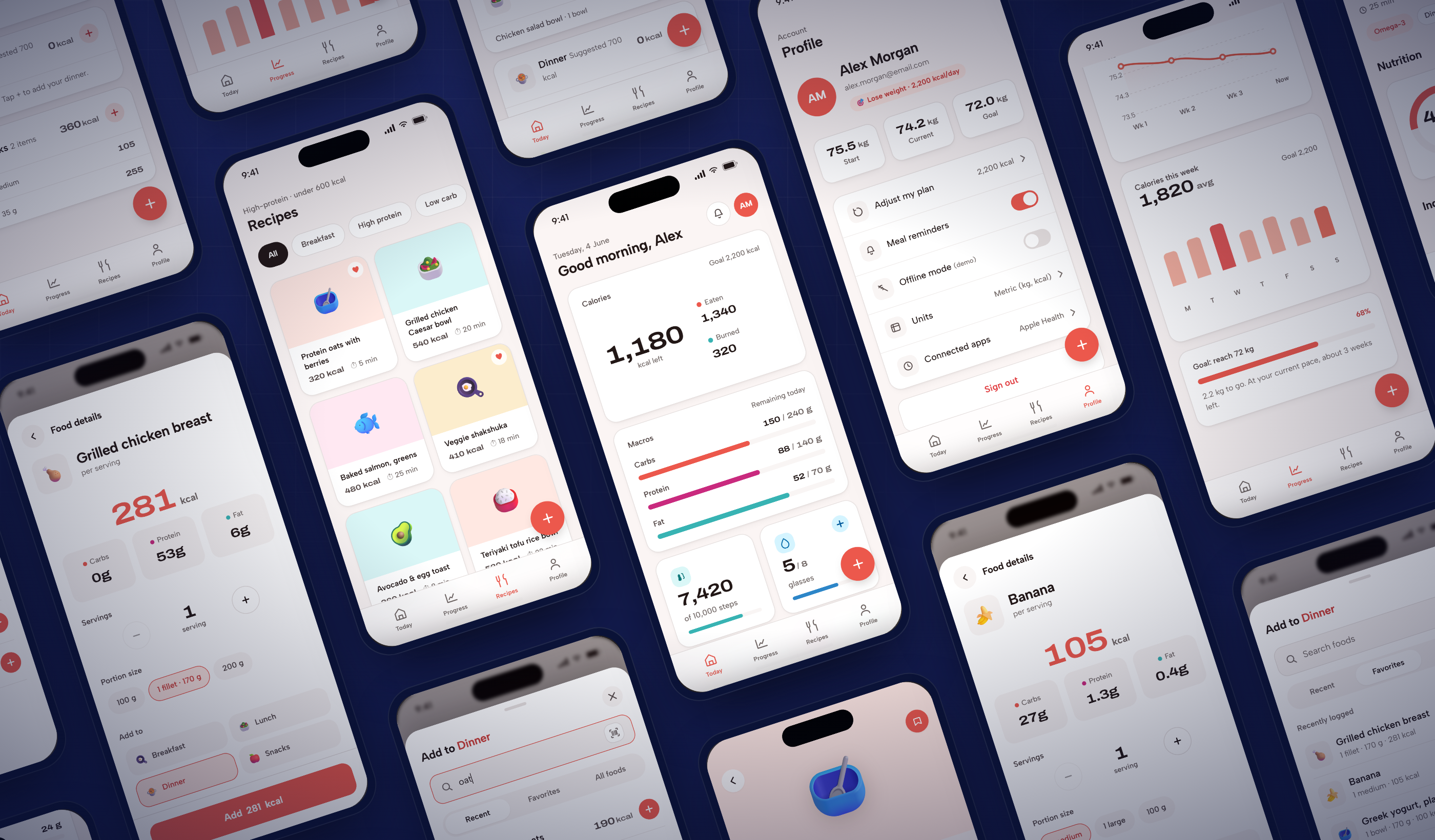 Twenty-one Forkful screens: onboarding, the daily dashboard, the add sheet and food details, recipes, progress, and profile