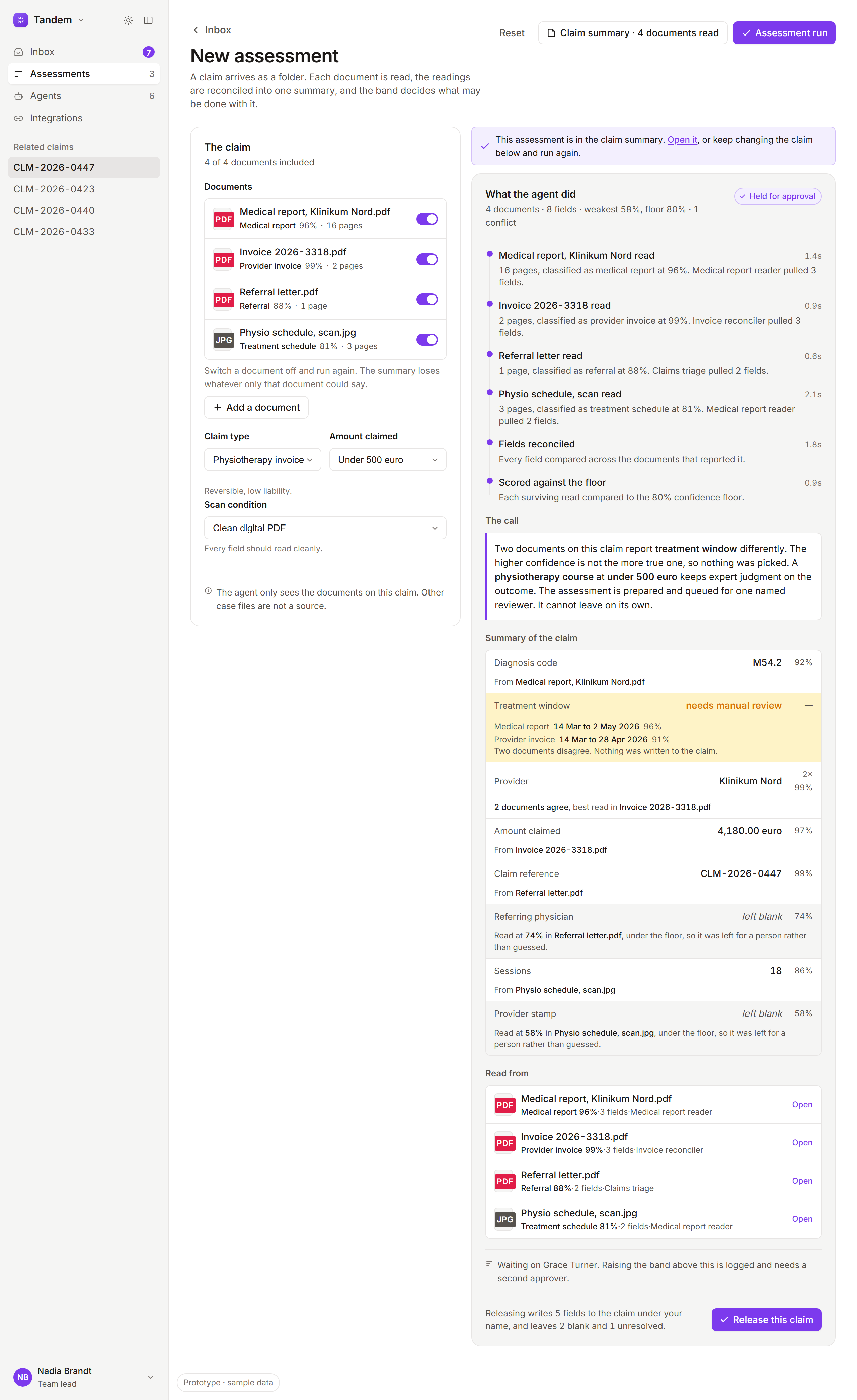 A Tandem assessment after a run: four documents on the left, and on the right the agent's reading of them, one field held because two documents disagree and one left blank because it read below the confidence floor